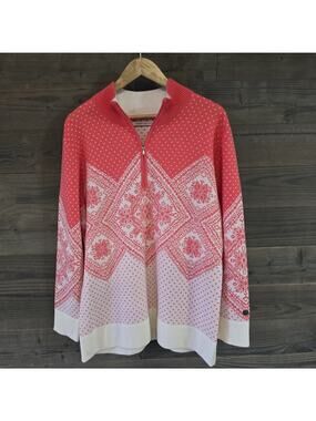 Obermeyer Women's XXL Nordic Snowflake Quarter Zip Sweater Pink White Ski Lodge
